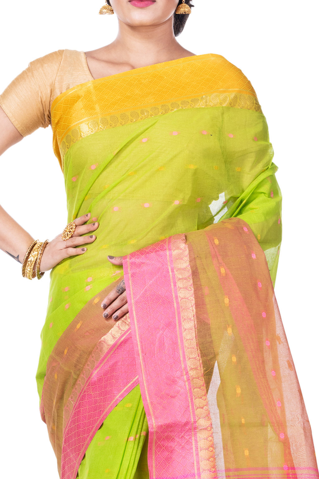 Light Green Pure Cotton Ganga Jamuna_Buti Tant Saree (649)